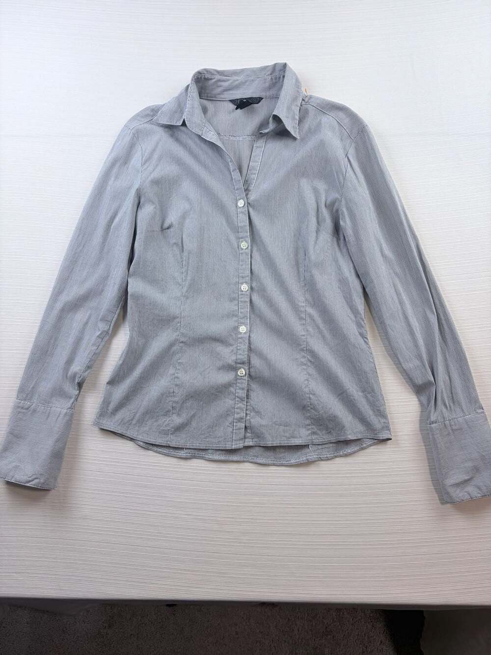 H&M Button Up Striped Shirt Size US 8 Grey White Long Sleeve